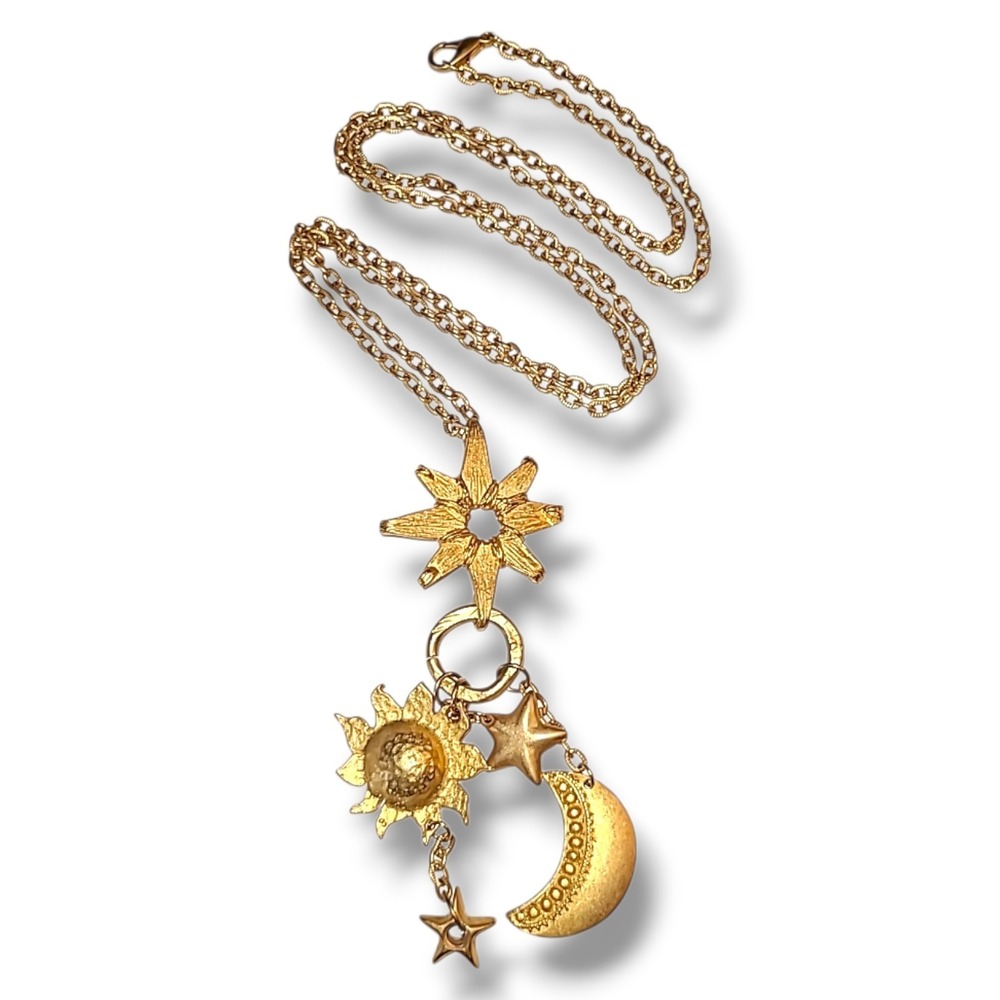 Vintage Gold Tone Celestial Sun‎ Moon Star Pendant Necklace Matte Finish